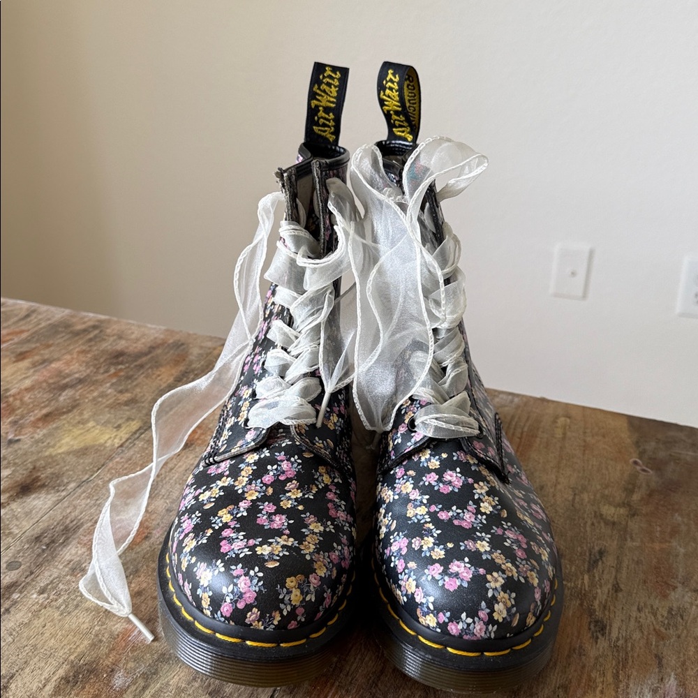 Dr. Martens Black Floral Boots with White Ribbon Laces